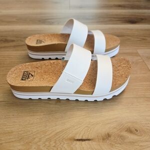 Reef White and Brown Cork Slide Sandals